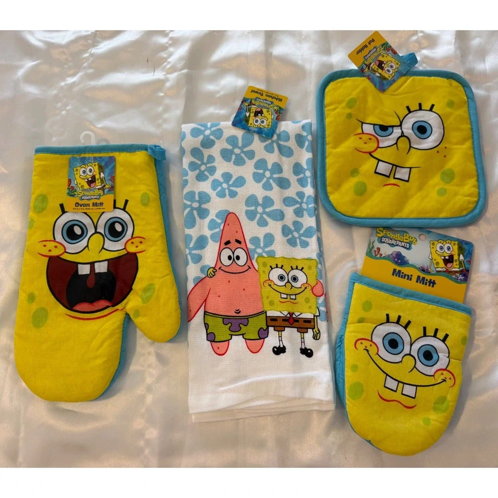 SpongeBob SquarePants 4pc Kitchen Set Oven Mitt Pot Holder Towel Mini Mitt New